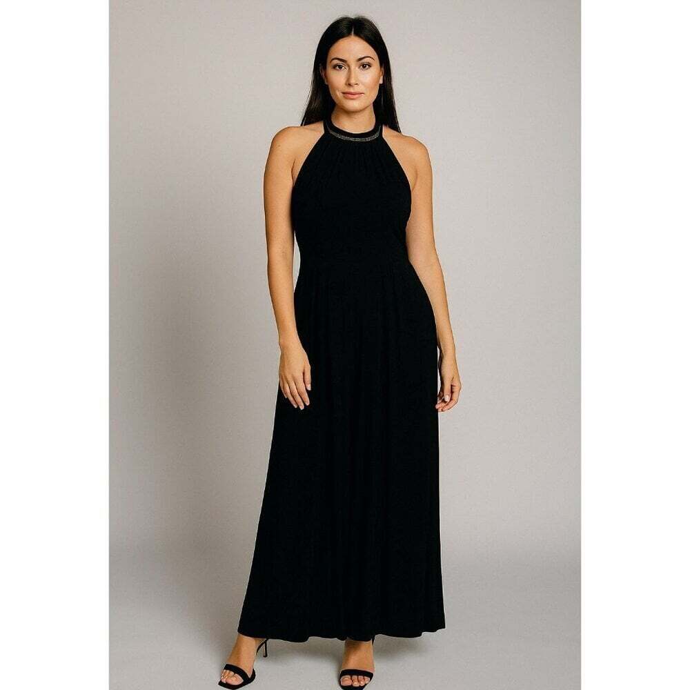 Luxe by Carmen Marc Valvo Black Halter Dress Size 12 Sleeveless Cocktail Chic